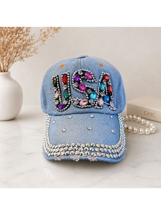 USA Dopamine Rhinestone Baseball Cap Denim Patriotic Glam Hat America 250 Festiv main image 7